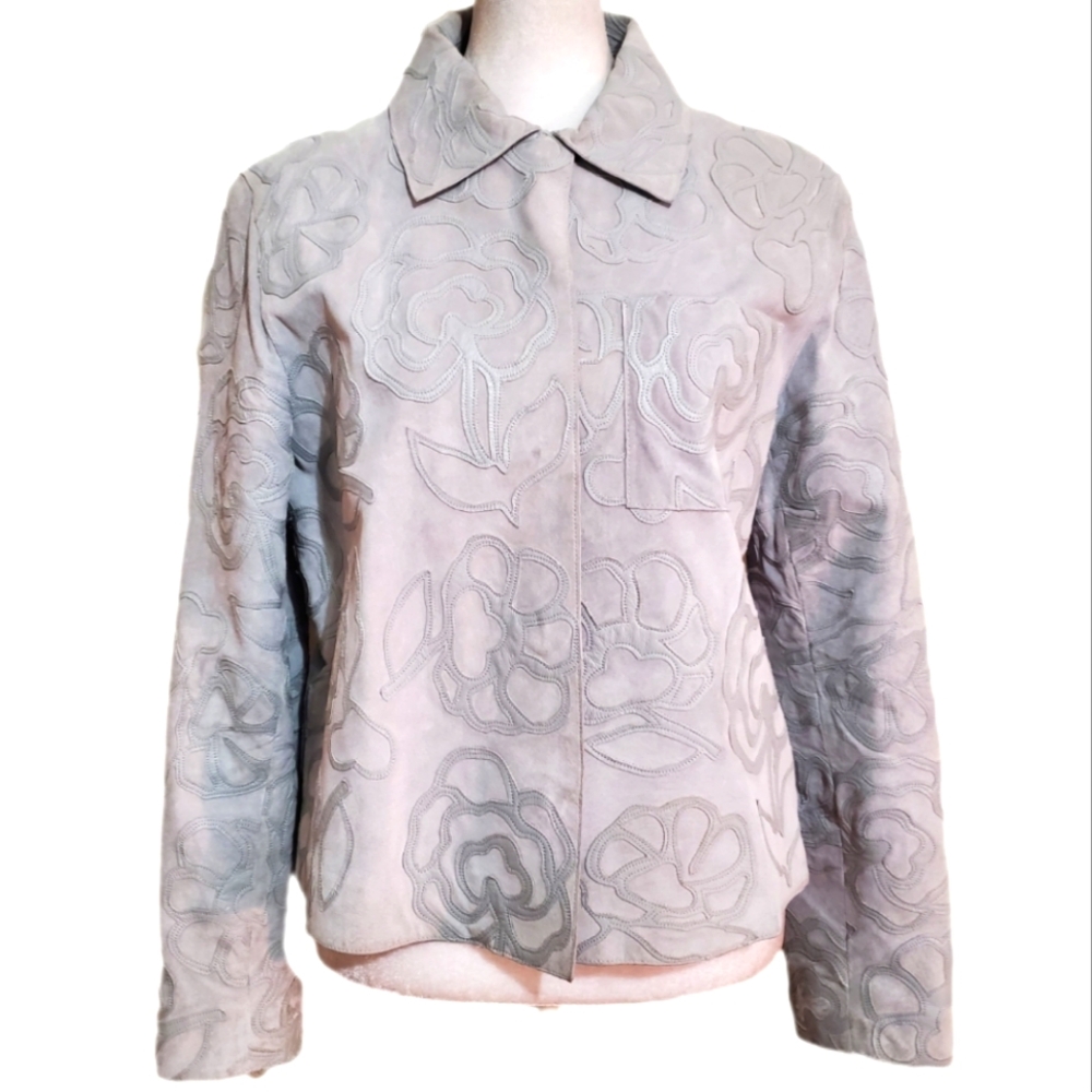Jones NY vtg 90s gray suede leather floral applique collarless snap up jacket 8P